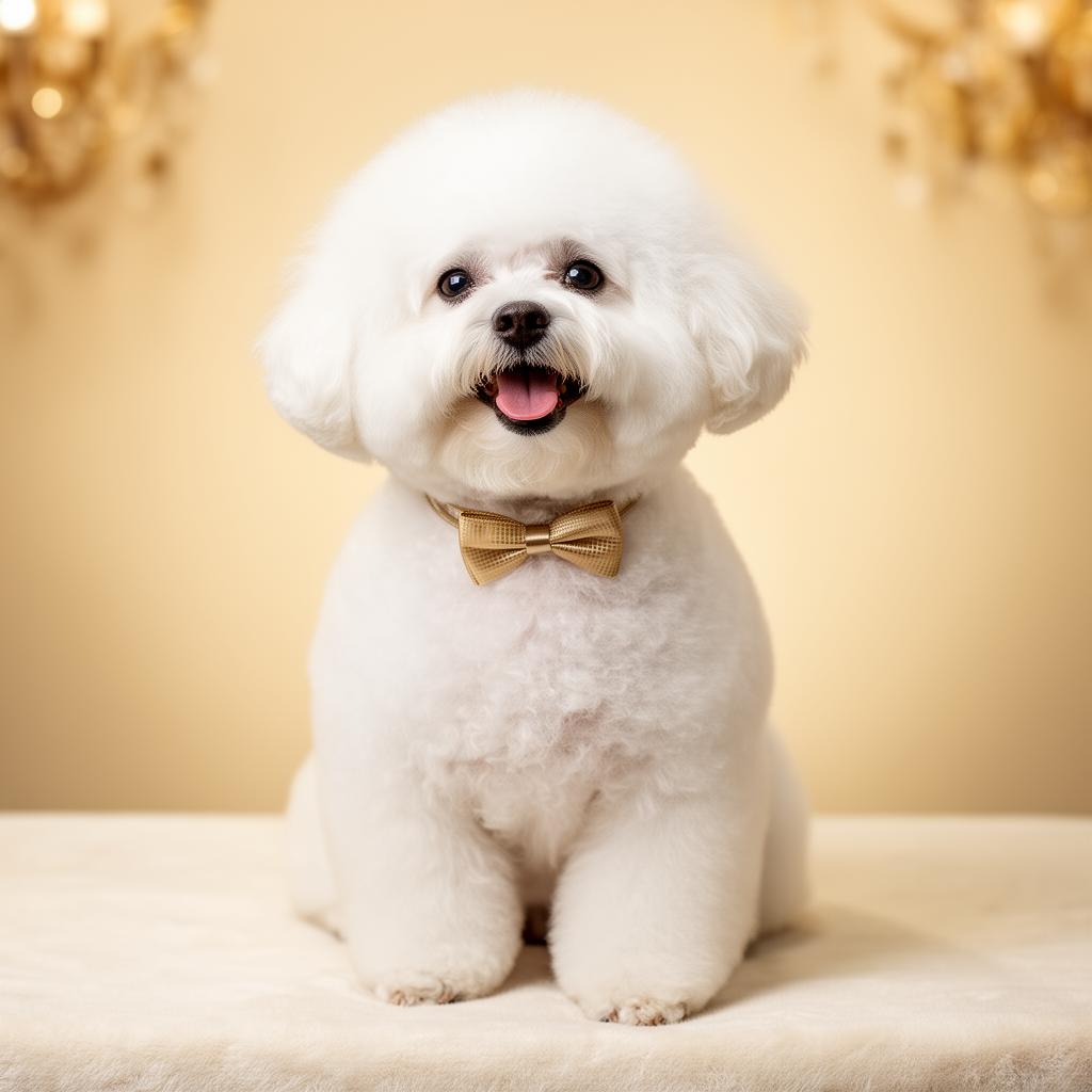 Freshly groomed fluffy white dog with bow tie